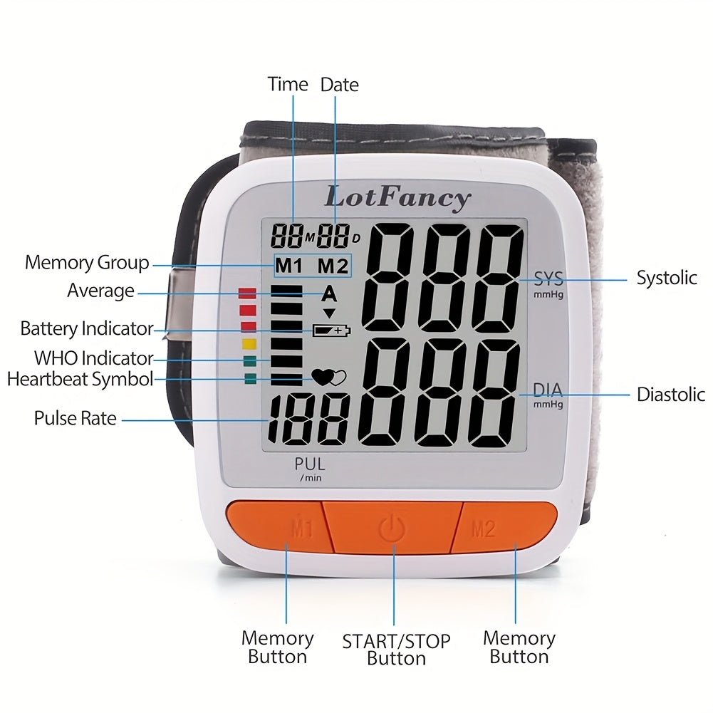 LOTFANCY Digital Wrist Blood Pressure Monitor with Pulse Rate Detection, Adjustable Cuff (5.3-8.5'') Machine, Easy-to-Use, Battery-Powered, Portable Design for Home & Travel, Travel Health Accessory, Modern Medical Device, Compact Design, Durable