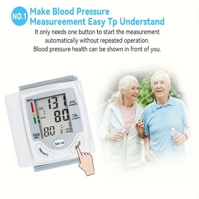 1pc Automatic Wrist Blood Pressure Monitor with Large LCD Screen - Adjustable Cuff, Pulse Rate Detection, Irregular Heartbeat Alert, Battery-Powered (Batteries Not Included), Safe for Adults, 36V Or Lower