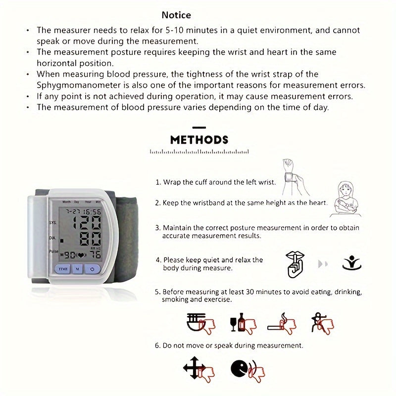 Automatic Blood Pressure Monitor Wrist Cuff with Large LCD Screen And Durable PP Storage Box - Adjustable Cuff, Pulse Rate Detection, Irregular Heartbeat Alert, Battery-Powered (Batteries Not Included), Safe for Adults, 36V Or Lower, Summer Deal