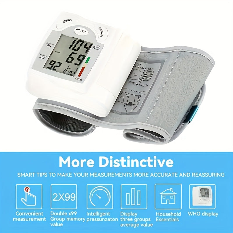 1pc Automatic Wrist Blood Pressure Monitor with Large LCD Screen - Adjustable Cuff, Pulse Rate Detection, Irregular Heartbeat Alert, Battery-Powered (Batteries Not Included), Safe for Adults, 36V Or Lower