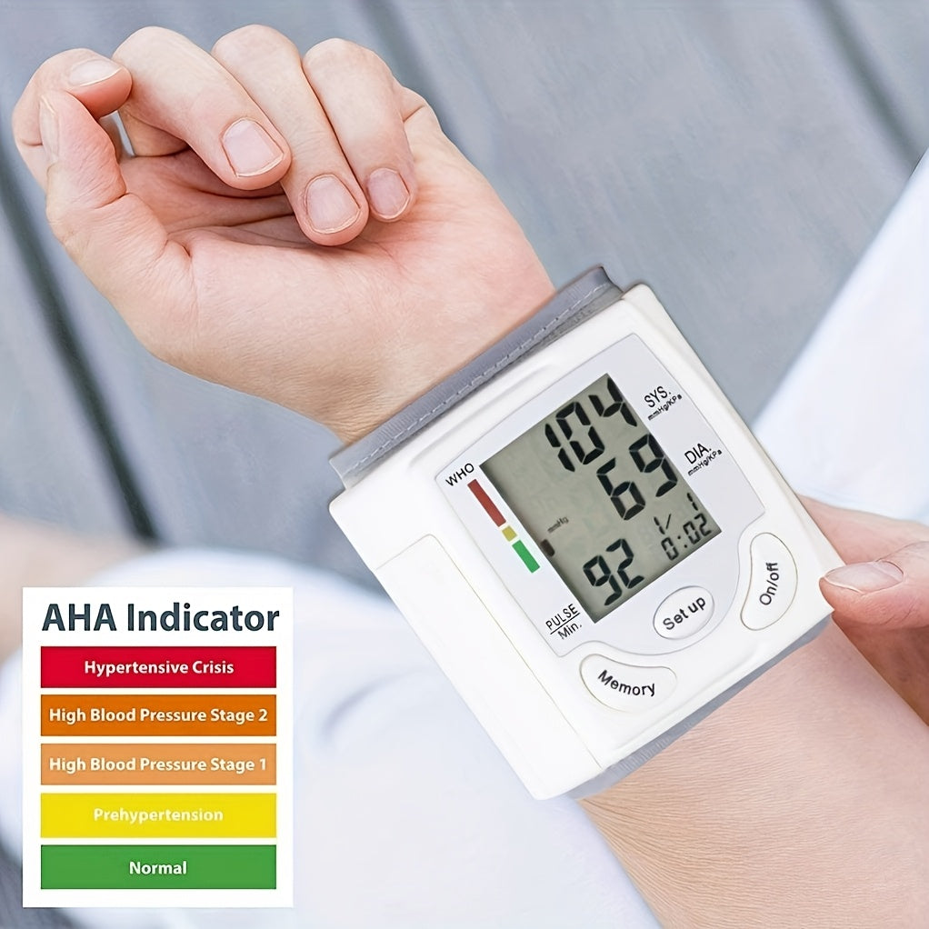 Automatic Wrist Blood Pressure Monitor with Adjustable Cuff - Home BP Tracker, Pulse Rate Measurement & Irregular Heartbeat Alert, Hypertension/Normal/Diastolic Pressure Display - Portable Arm cuff for Adults, Battery-Powered (Batteries Not Included) -