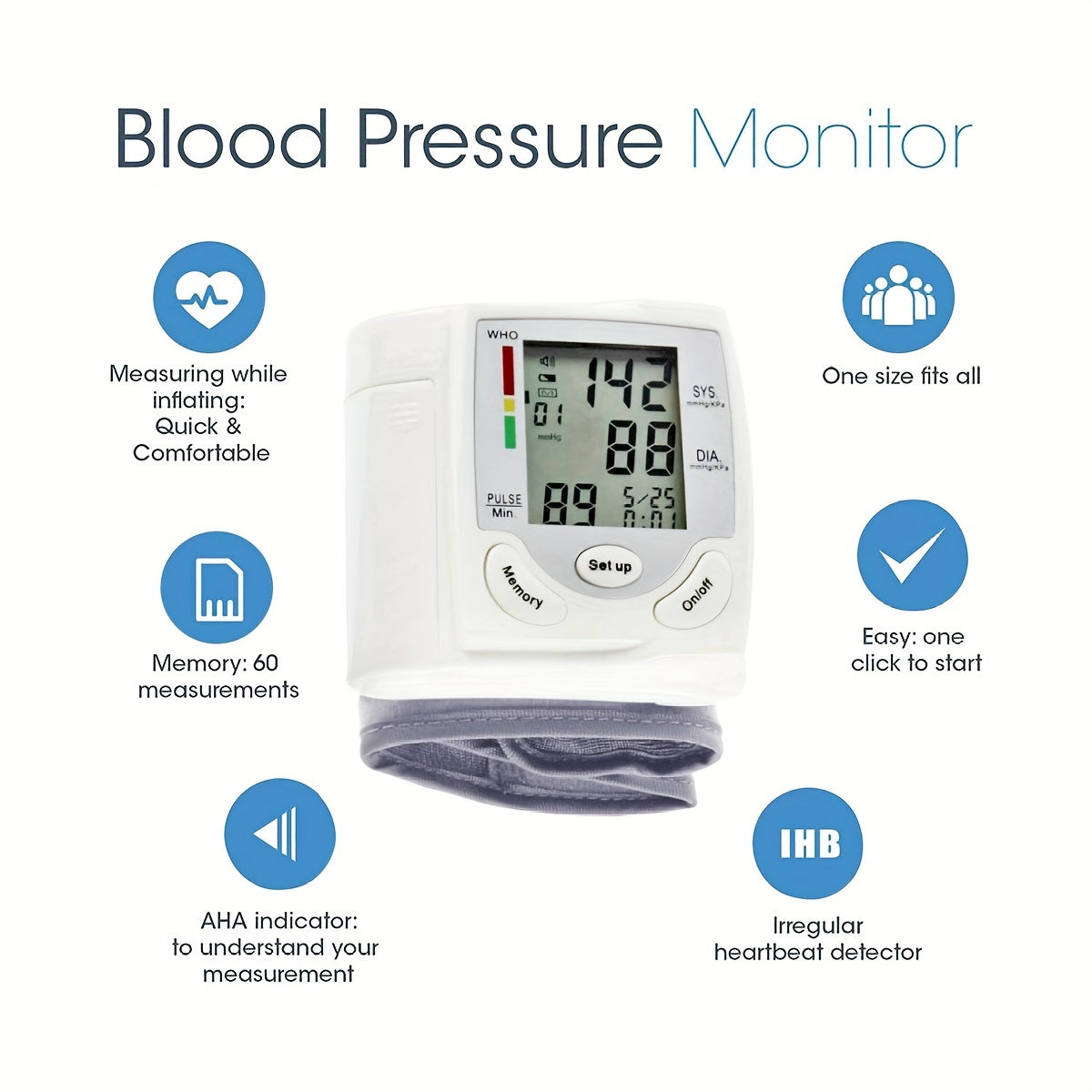 Automatic Wrist Blood Pressure Monitor with Adjustable Cuff - Home BP Tracker, Pulse Rate Measurement & Irregular Heartbeat Alert, Hypertension/Normal/Diastolic Pressure Display - Portable Arm cuff for Adults, Battery-Powered (Batteries Not Included) -