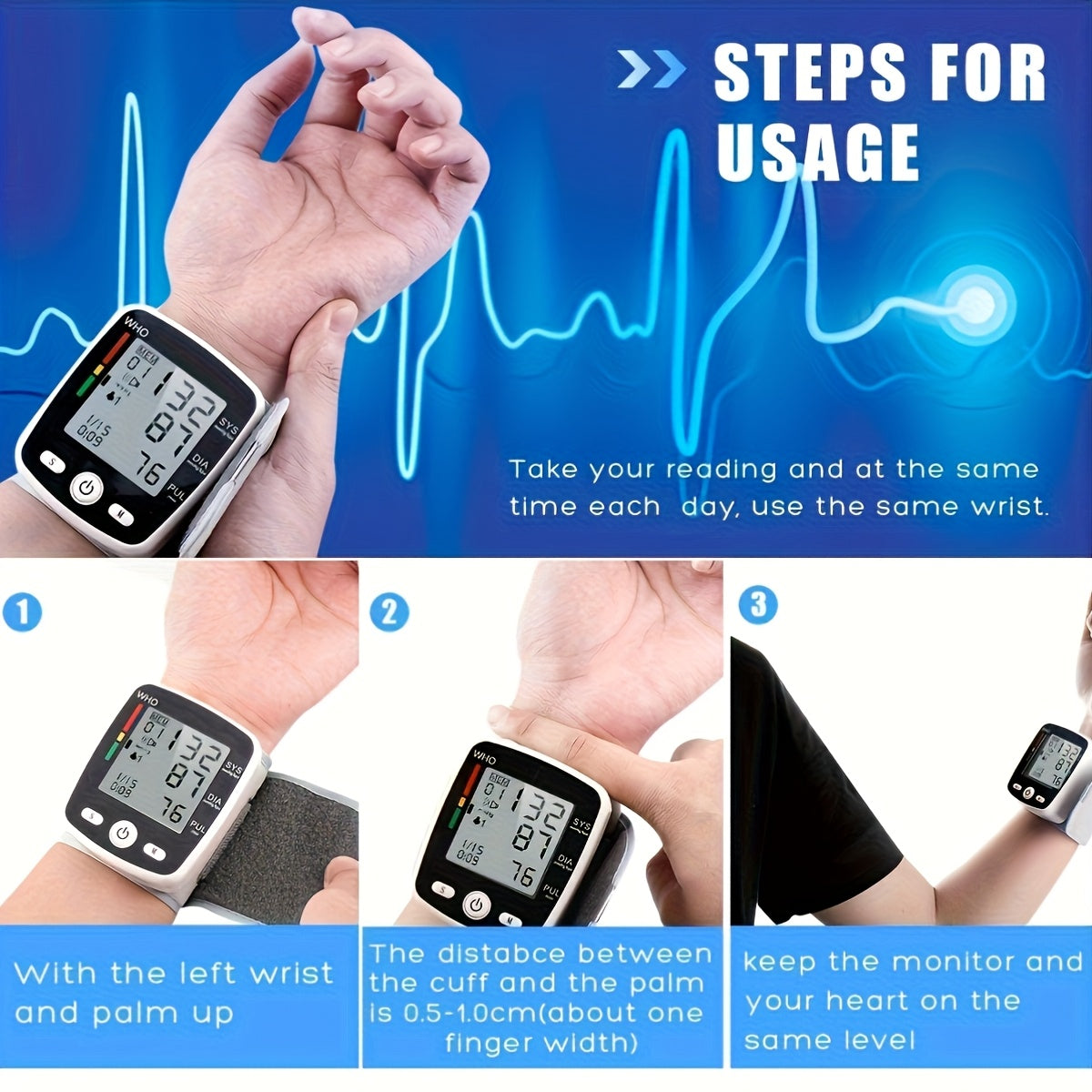 CHANG KUN Rechargeable Digital Wrist Blood Pressure Monitor With Large LCD, Voice Broadcast, Portable Design & 2x99 Readings Memory