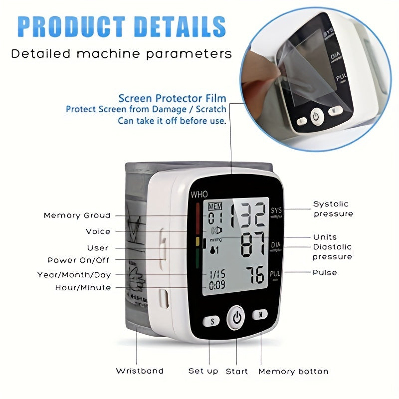 CHANG KUN Rechargeable Wrist Blood Pressure Monitor with USB Charging, Automatic Digital BP Machine, Voice Broadcast, Large Display Screen, Built-in Lithium Battery, SIS/DIA/PU systolic/Diastolic/Pulse Rate Measurement, USB Rechargeable Monitor |
