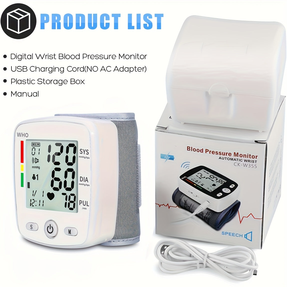 Wrist Blood Pressure Monitor Digital BP Monitor Rechargeable BP Machine With 2x99 Readings Memory Large LCD Display Voice Broadcast Portable Carrying