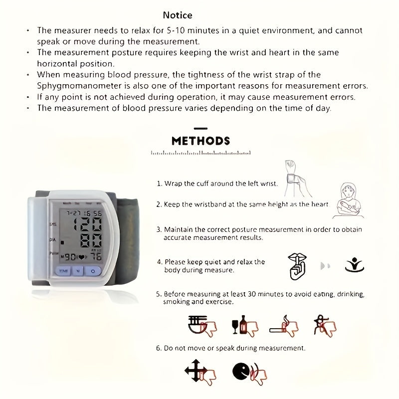 CHANG KUN Automatic Wrist Blood Pressure Monitor - Digital Sphygmomanometer With Large LCD Display, Adjustable Strap, Battery-Powered, Easy-to-Read Heart Rate And Memory Storage Features, No Batteries Included