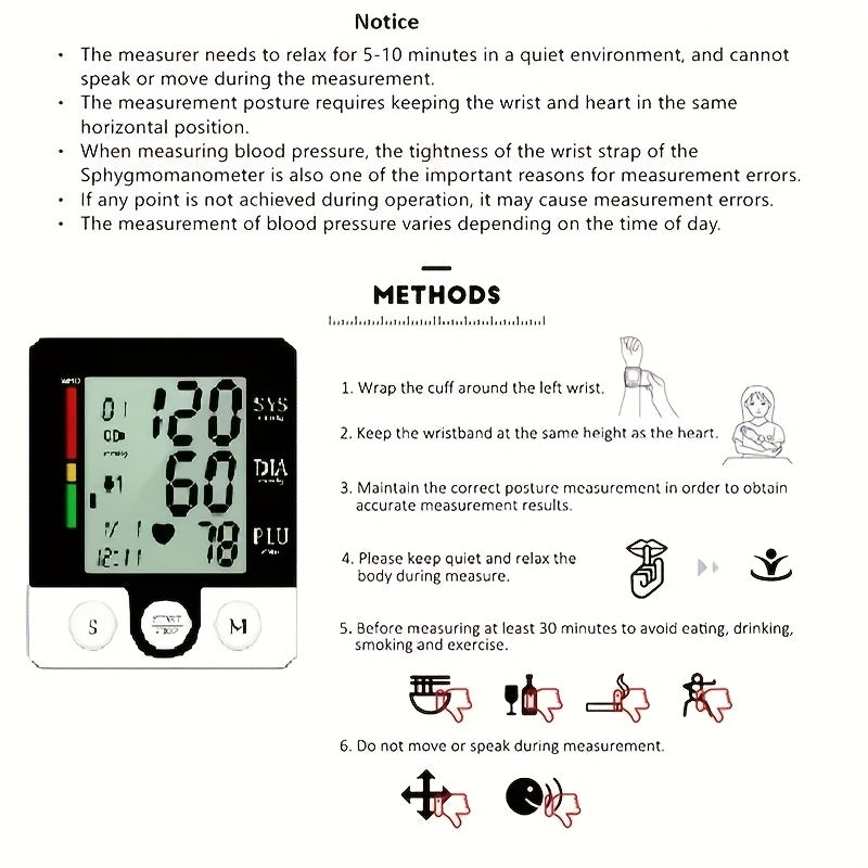 1pc Wrist Blood Pressure Monitor Automatic Wrist Bp Monitor Talking Blood Pressure Cuff For Home Use Adjustable Cuffs For Adult Electronic Digital Large LCD Display (Batteries Not Included)