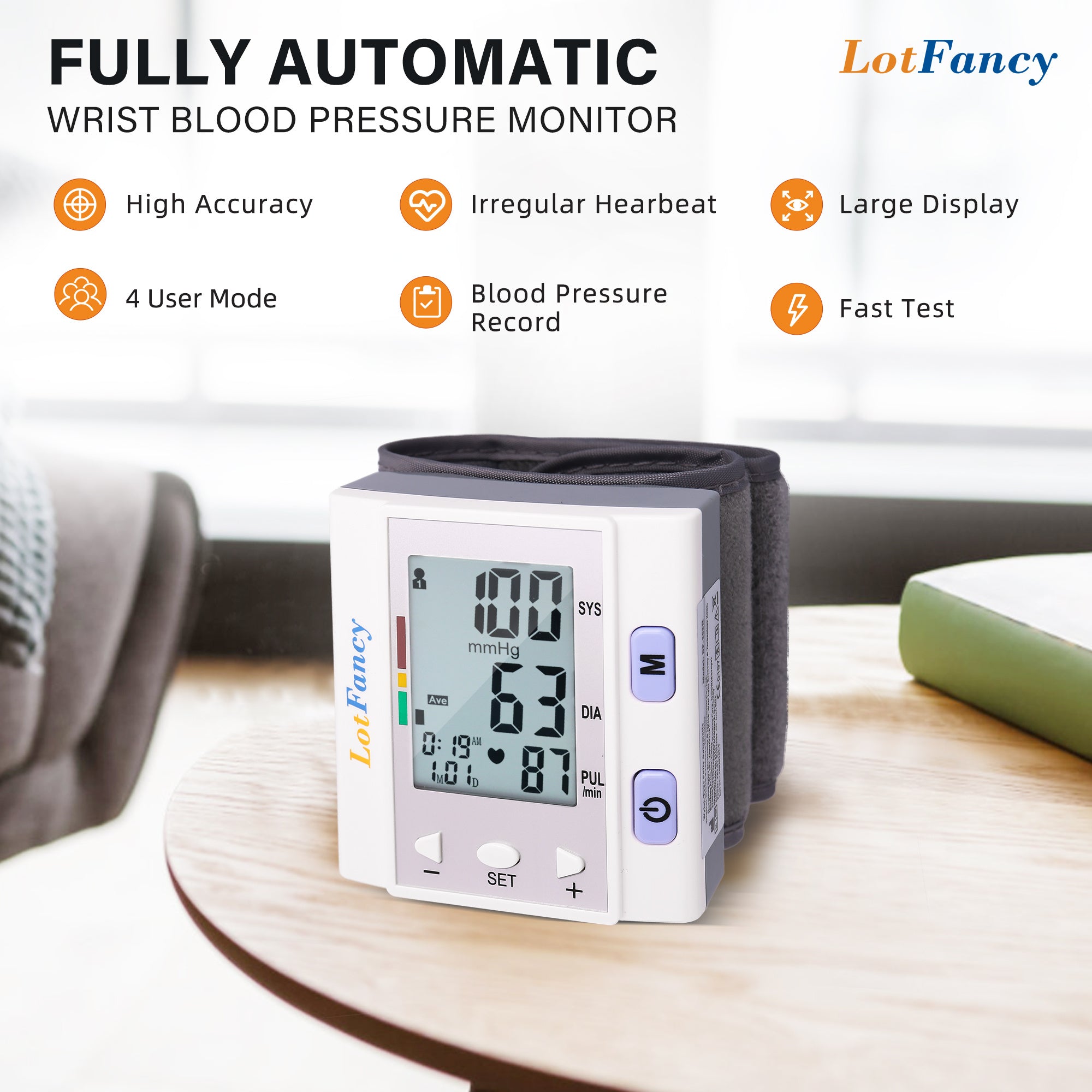 Wrist Blood Pressure Monitor for Home Use, BP Cuff, Automatic Digital Blood Pressure Machine, BP Monitor, (5.3-8.5), 4 Users, 120 Memory, with Large Screen