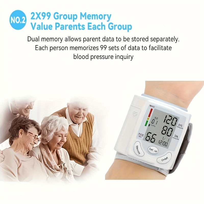1pc Automatic Wrist Blood Pressure Monitor with Large LCD Screen - Adjustable Cuff, Pulse Rate Detection, Irregular Heartbeat Alert, Battery-Powered (Batteries Not Included), Safe for Adults, 36V Or Lower
