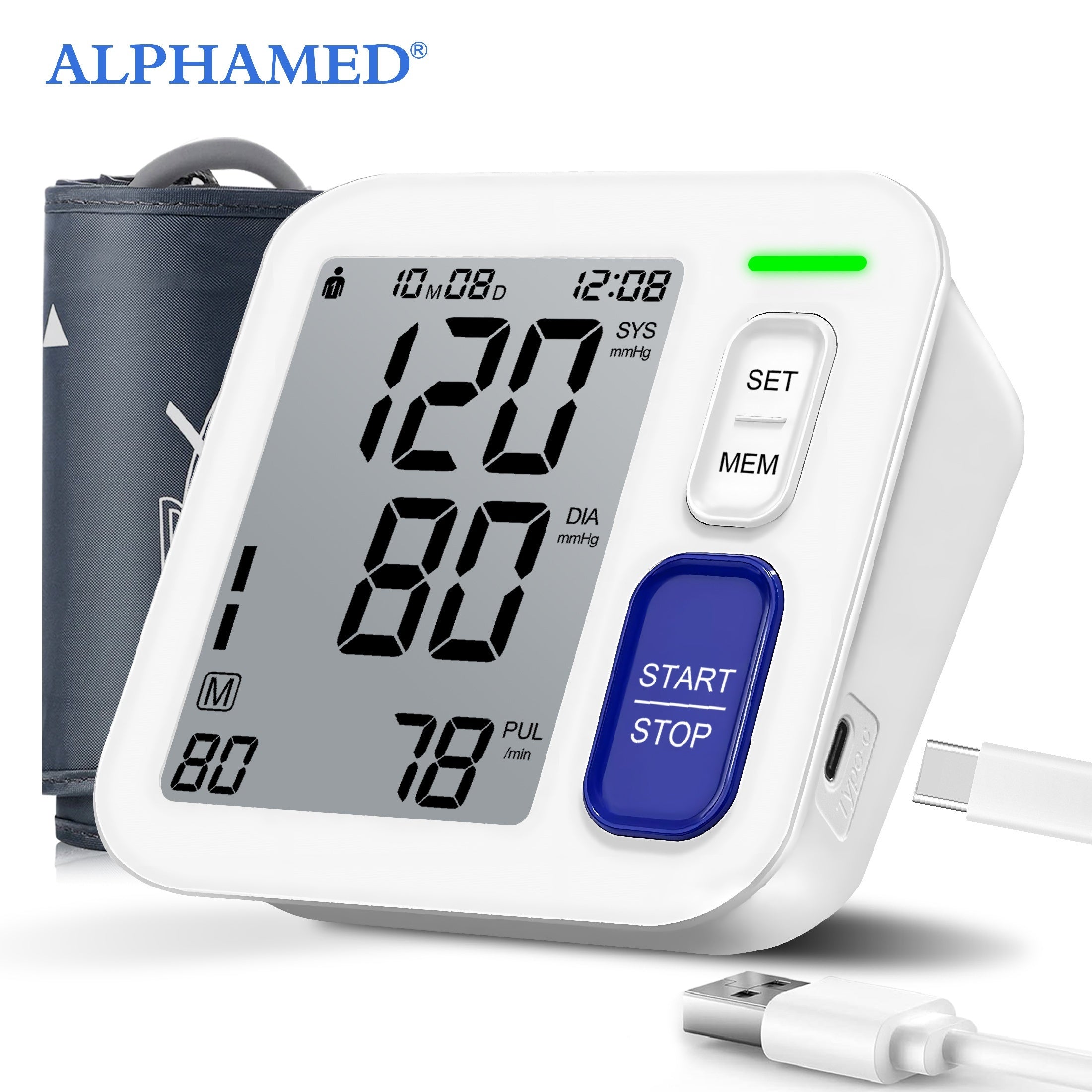 ALPHAMED Oversized 2-Way Digital Sphygmomanometer with 8.66-16.54inch Wide Range, 2*90 Memory, USB Cable & Alarm - High/Low Pressure, Portable Home/Travel Use, Perfect Gift for Family, Parents, Friends (Battery Not Included), Travel Health Tool, Ergonomic