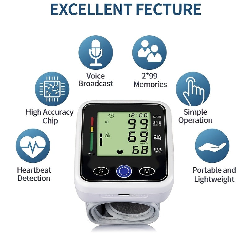Wrist Blood Pressure Monitor, Sphygmomanometer, Voice Large-screen Display, Heart Rate And Blood Pressure Dual Detection, Suitable For Family Daily Health Management, Prevention Of Cardiovascular Disease, 2x99 Group Reading Storage (without Battery)