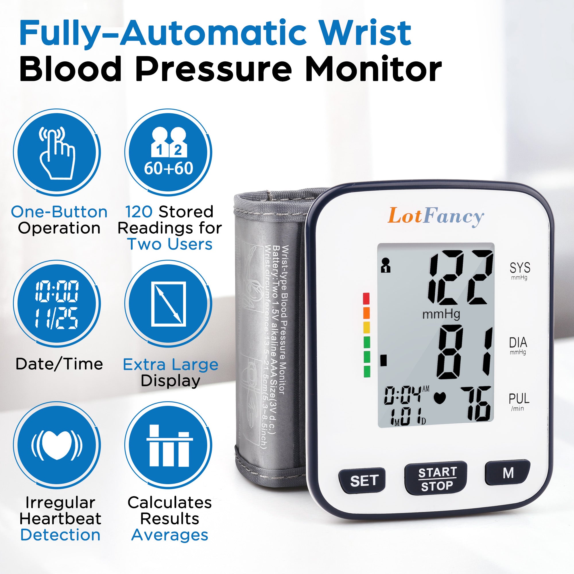 Wrist Blood Pressure Monitor for Home Use, Blood Pressure Machine Adjustable Wrist Cuff (5.3-8.5) Digital BP Machine with Large LCD Display, 120 Memory with Carrying Case