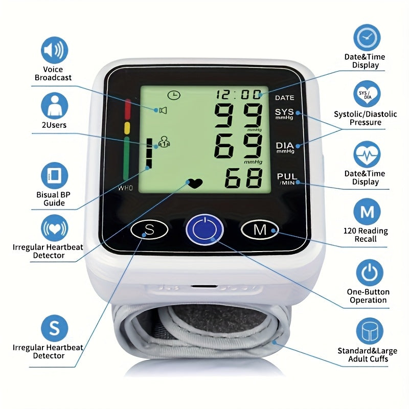 Wrist Blood Pressure Monitor, Sphygmomanometer, Voice Large-screen Display, Heart Rate And Blood Pressure Dual Detection, Suitable For Family Daily Health Management, Prevention Of Cardiovascular Disease, 2x99 Group Reading Storage (without Battery)