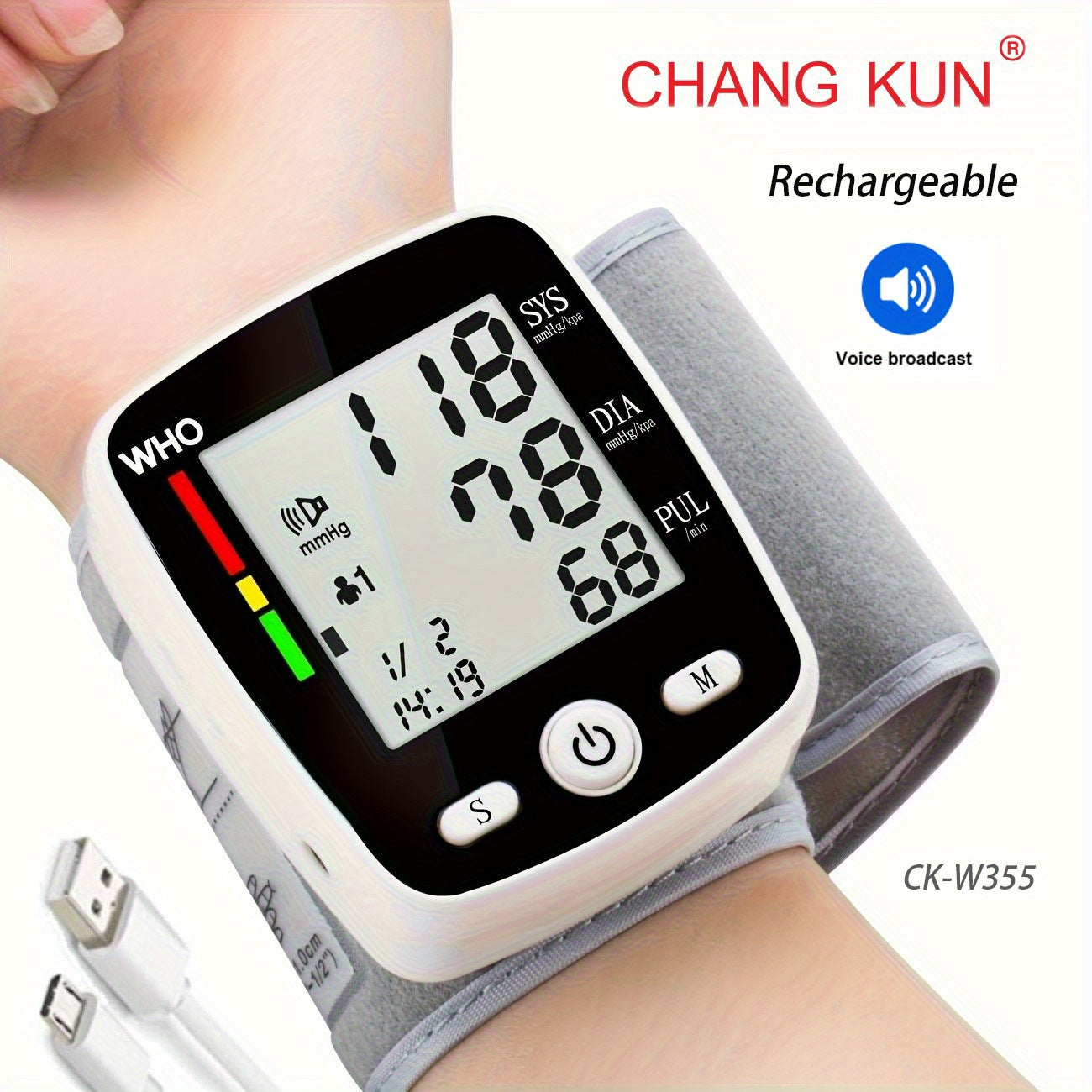CHANGKUN Rechargeable Blood Pressure Monitor, Wrist Blood Pressure Cuff Monitor with USB Charging, Automatic Digital BP Machine, Voice Broadcast, Large Display Screen (Built-in rechargeable lithium battery)