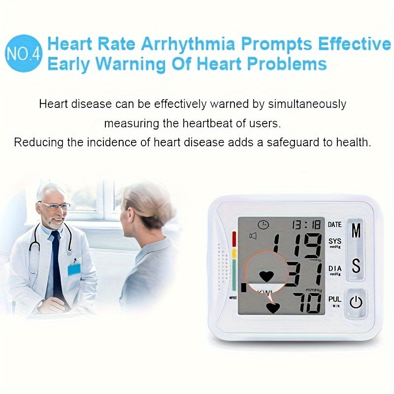 1pc TAIKON Wrist Blood Pressure Monitor with LCD Display, Adjustable Cuff, Pulse Rate Detection, and Irregular Heartbeat Alert - Battery Operated (Batteries Not Included), Blood Pressure Measurement | Comprehensive Display | Sound Playback Feature