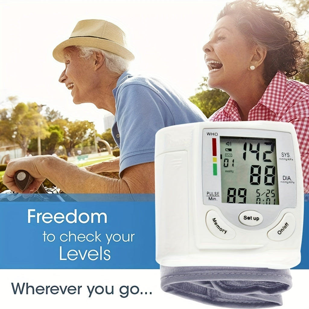 Automatic Wrist Blood Pressure Monitor with Adjustable Cuff - Home BP Tracker, Pulse Rate Measurement & Irregular Heartbeat Alert, Hypertension/Normal/Diastolic Pressure Display - Portable Arm cuff for Adults, Battery-Powered (Batteries Not Included) -