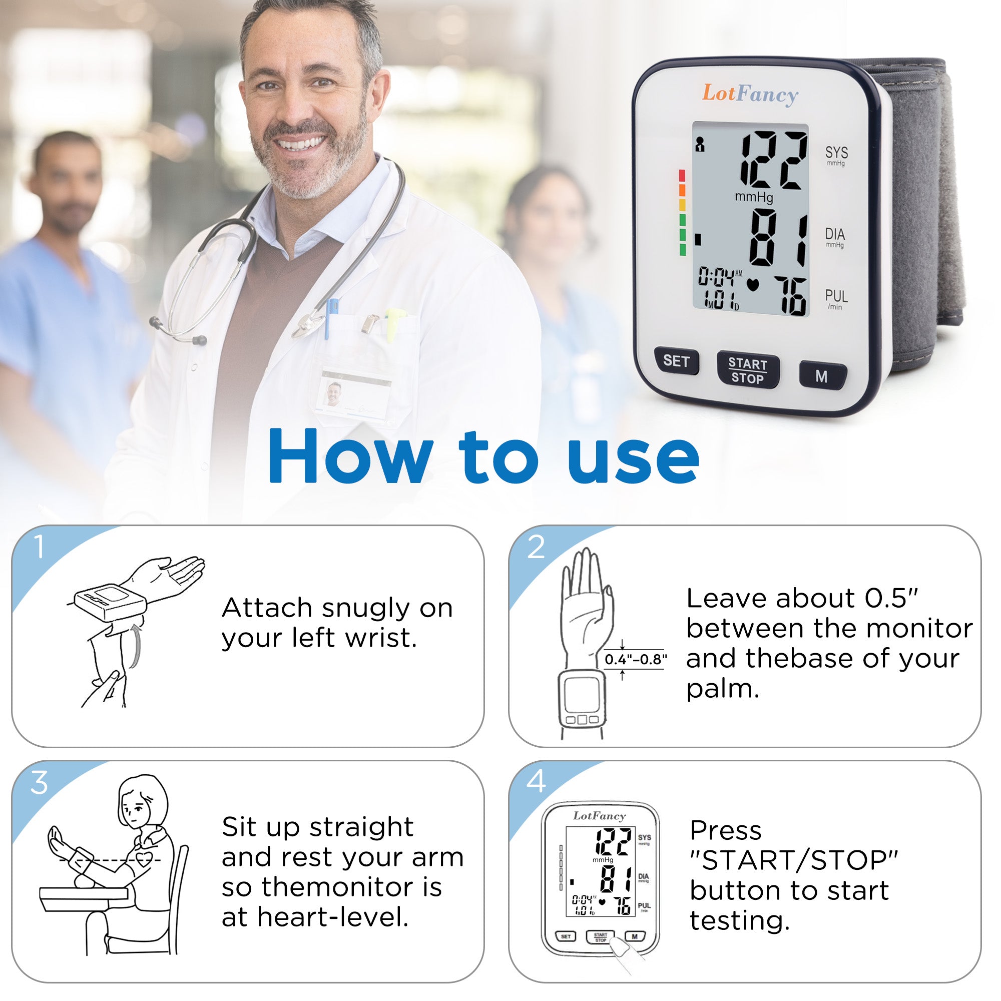 Wrist Blood Pressure Monitor for Home Use, Blood Pressure Machine Adjustable Wrist Cuff (5.3-8.5) Digital BP Machine with Large LCD Display, 120 Memory with Carrying Case