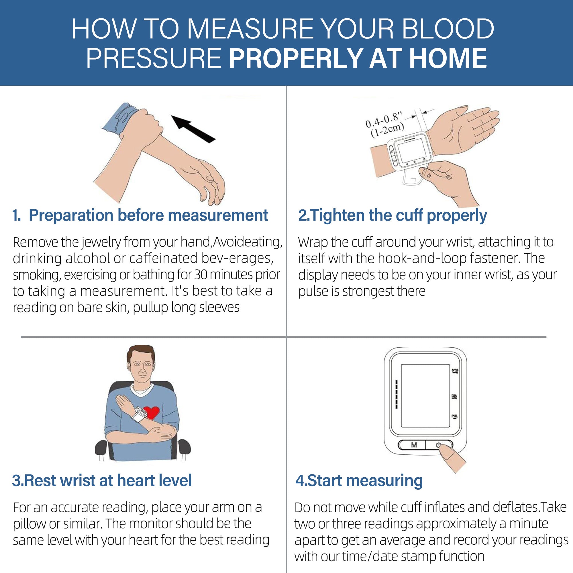 Wrist Blood Pressure Monitor for Home Use, BP Cuff, Automatic Digital Blood Pressure Machine, BP Monitor, (5.3-8.5), 4 Users, 120 Memory, with Large Screen