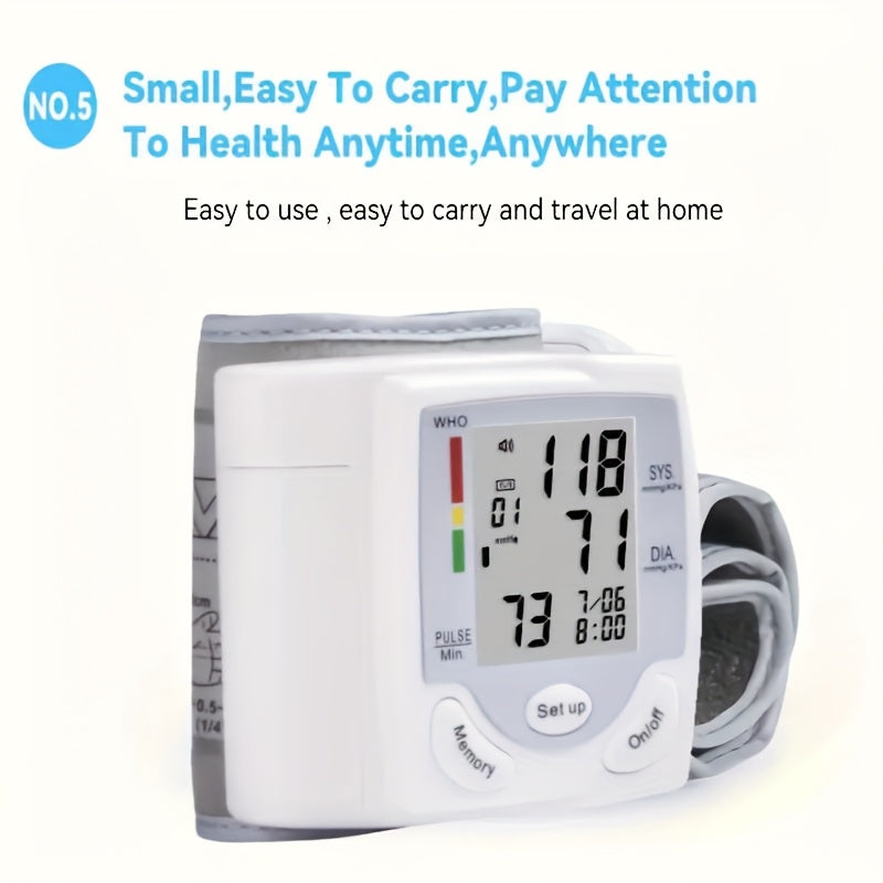 1pc Automatic Wrist Blood Pressure Monitor with Large LCD Screen - Adjustable Cuff, Pulse Rate Detection, Irregular Heartbeat Alert, Battery-Powered (Batteries Not Included), Safe for Adults, 36V Or Lower