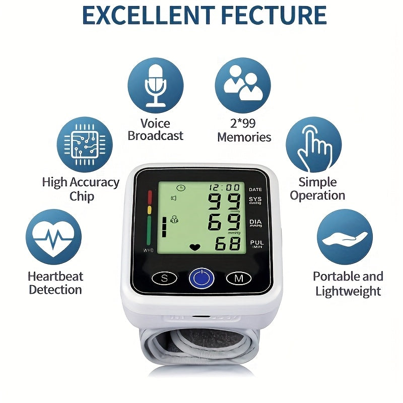 Wrist Blood Pressure Monitor-LCD-audio Broadcast, High Blood Pressure And Irregular Heart Rhythm Detector, Easy to Use, Adjustable Cuff, Battery Powered (battery Not Included) Protects The Health Of The Elderly, And Is A Good Gift for Family Members.
