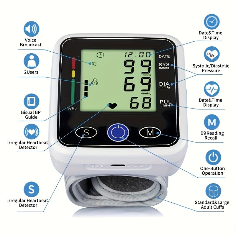 Wrist Blood Pressure Monitor-LCD-audio Broadcast, High Blood Pressure And Irregular Heart Rhythm Detector, Easy to Use, Adjustable Cuff, Battery Powered (battery Not Included) Protects The Health Of The Elderly, And Is A Good Gift for Family Members.