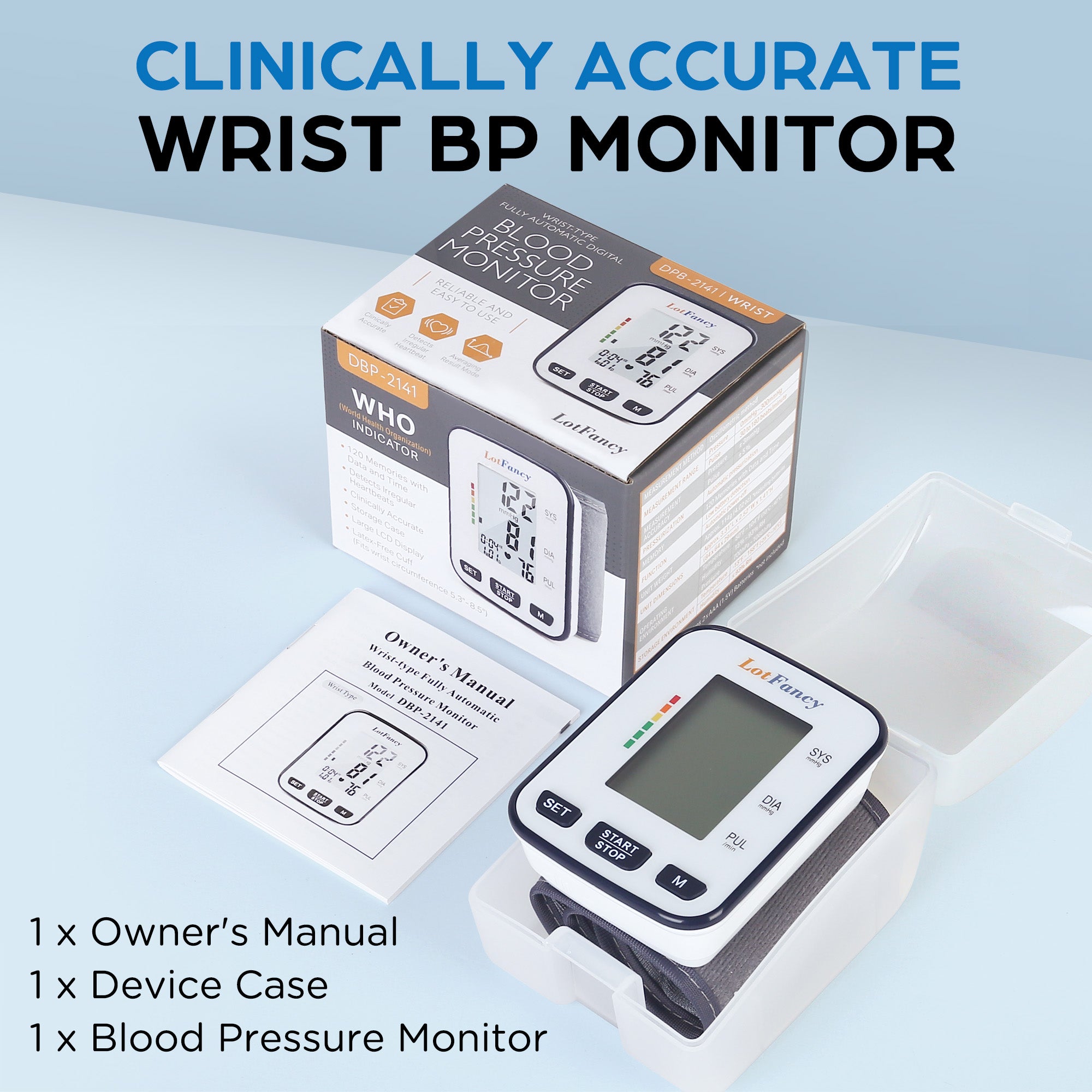 Wrist Blood Pressure Monitor for Home Use, Blood Pressure Machine Adjustable Wrist Cuff (5.3-8.5) Digital BP Machine with Large LCD Display, 120 Memory with Carrying Case