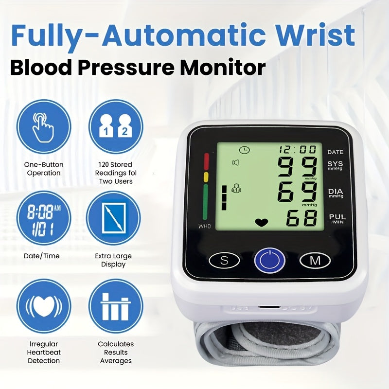 Wrist Blood Pressure Monitor, Sphygmomanometer, Voice Large-screen Display, Heart Rate And Blood Pressure Dual Detection, Suitable For Family Daily Health Management, Prevention Of Cardiovascular Disease, 2x99 Group Reading Storage (without Battery)