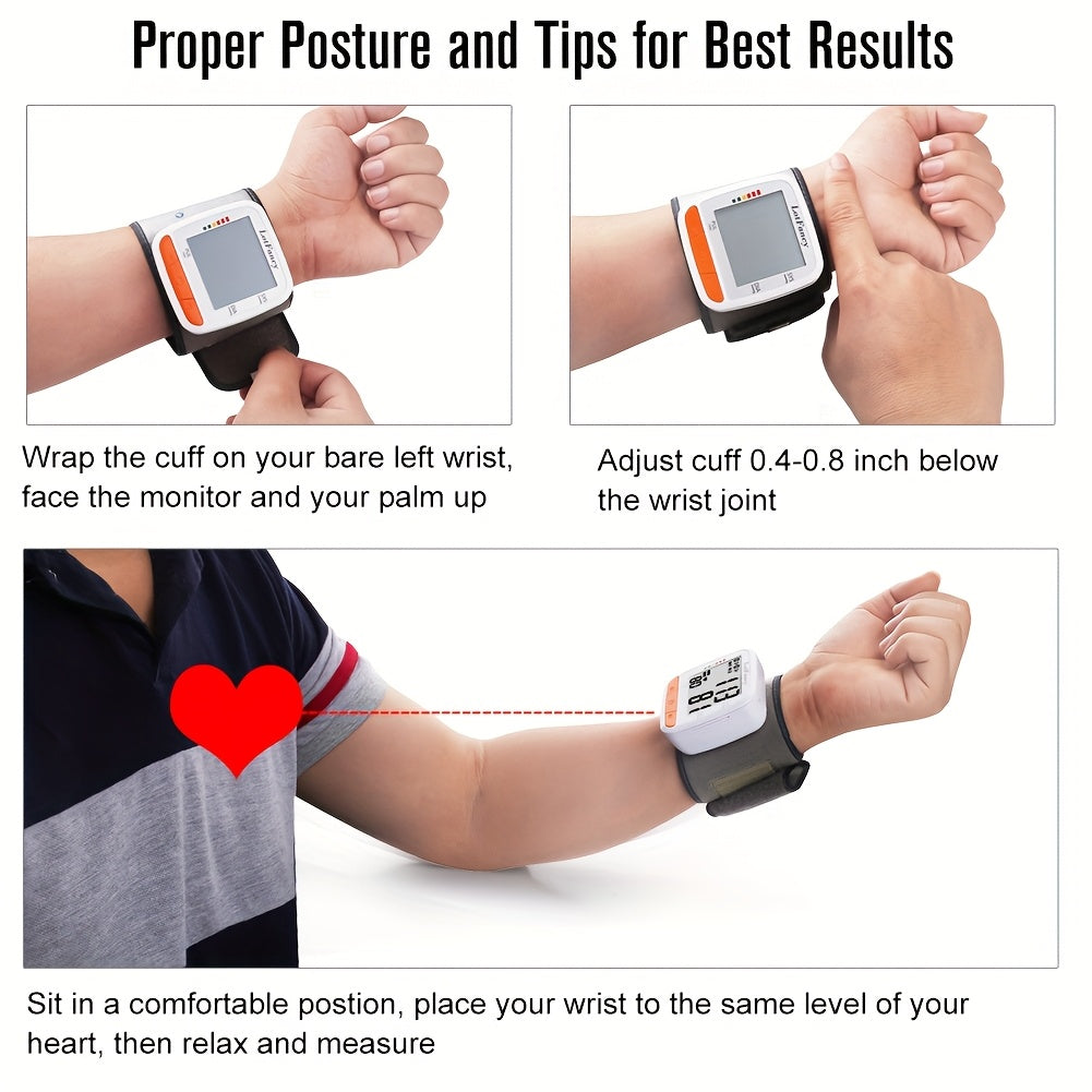 LOTFANCY Digital Wrist Blood Pressure Monitor with Pulse Rate Detection, Adjustable Cuff (5.3-8.5'') Machine, Easy-to-Use, Battery-Powered, Portable Design for Home & Travel, Travel Health Accessory, Modern Medical Device, Compact Design, Durable