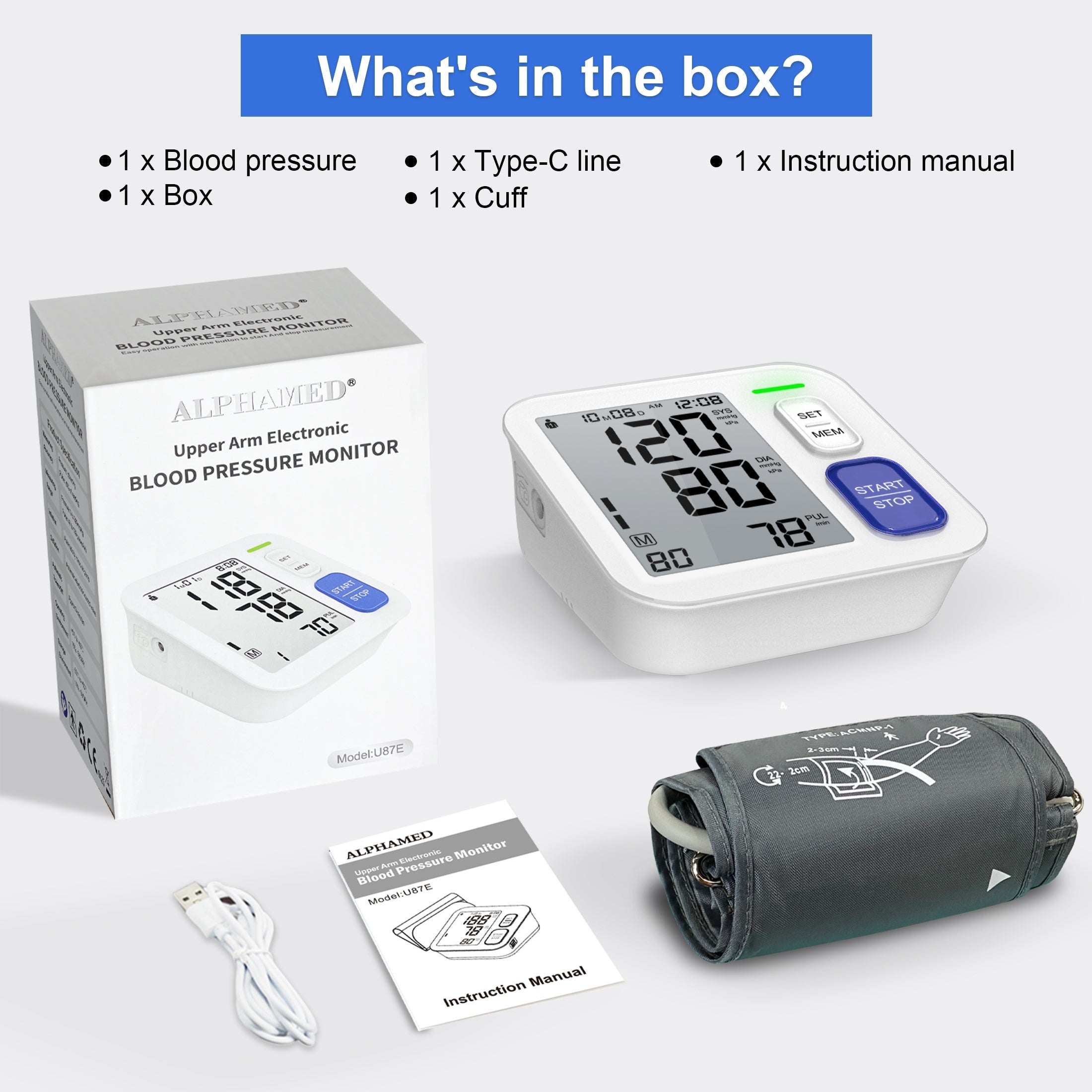 ALPHAMED Oversized 2-Way Digital Sphygmomanometer with 8.66-16.54inch Wide Range, 2*90 Memory, USB Cable & Alarm - High/Low Pressure, Portable Home/Travel Use, Perfect Gift for Family, Parents, Friends (Battery Not Included), Travel Health Tool, Ergonomic