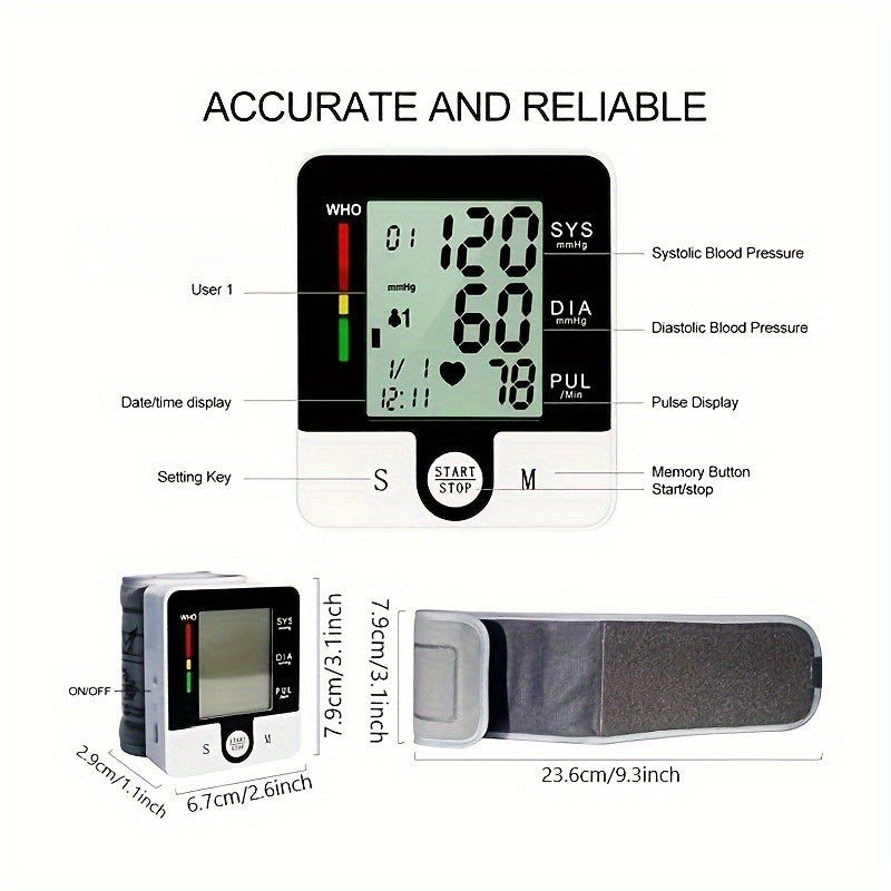 1pc CHANG KUN Wrist Blood Pressure Monitor Automatic Wrist Bp Monitor Blood Pressure Cuff for Home Use Adjustable Cuffs for Adult Electronic Digital Large LCD Display with Battery and Carrying Case