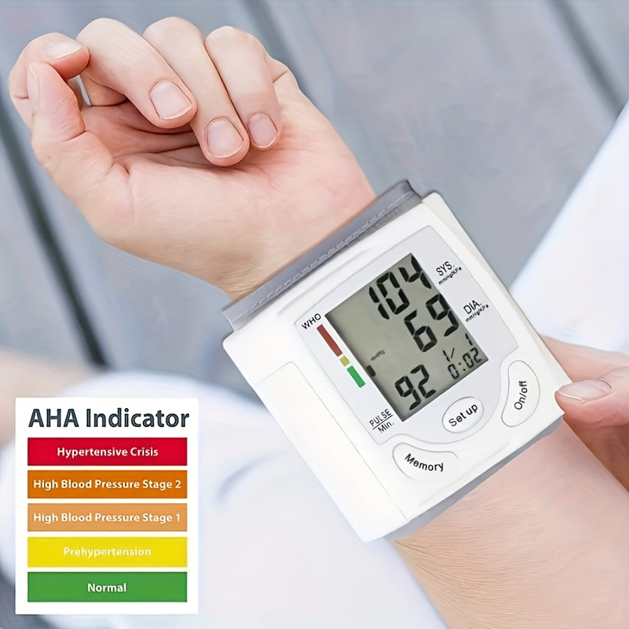 1pc Automatic Wrist Blood Pressure Monitor with Large LCD Screen - Adjustable Cuff, Pulse Rate Detection, Irregular Heartbeat Alert, Battery-Powered (Batteries Not Included), Safe for Adults, 36V Or Lower