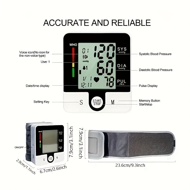 1pc Wrist Blood Pressure Monitor Automatic Wrist Bp Monitor Talking Blood Pressure Cuff For Home Use Adjustable Cuffs For Adult Electronic Digital Large LCD Display (Batteries Not Included)