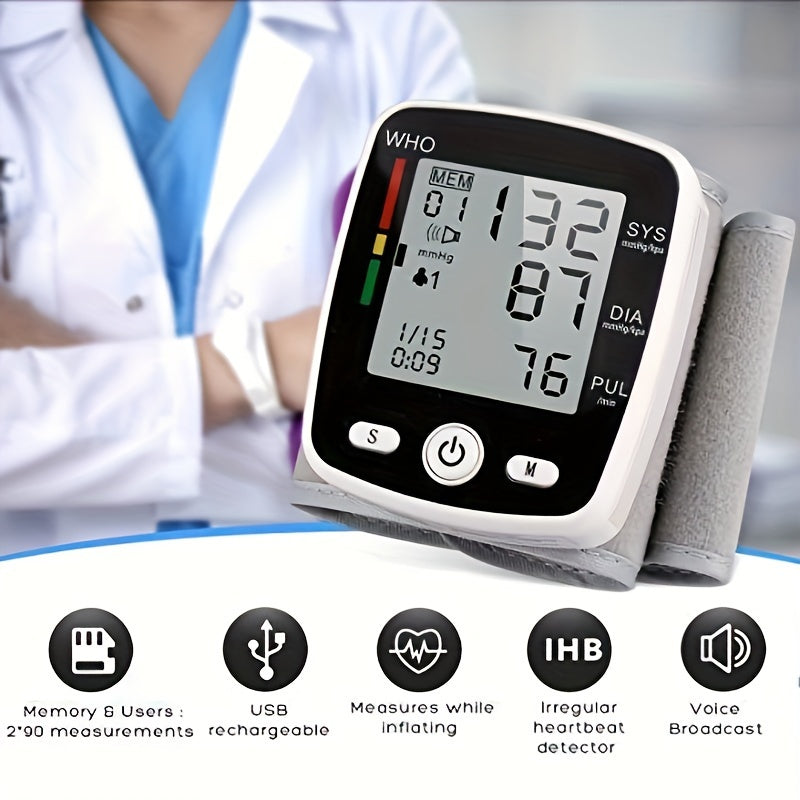 CHANG KUN Rechargeable Wrist Blood Pressure Monitor with USB Charging, Automatic Digital BP Machine, Voice Broadcast, Large Display Screen, Built-in Lithium Battery, SIS/DIA/PU systolic/Diastolic/Pulse Rate Measurement, USB Rechargeable Monitor |