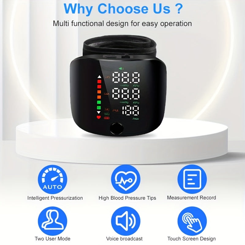 1pc Wrist Blood Pressure Monitor with LCD Display, Adjustable Cuff, Pulse Rate Detection & Irregular Heartbeat Alarm - Blood Pressure Measurement | USB Charging | Sound Playback Function, The Best Gift for Family And Friends