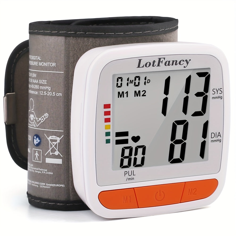 LOTFANCY Digital Wrist Blood Pressure Monitor with Pulse Rate Detection, Adjustable Cuff (5.3-8.5'') Machine, Easy-to-Use, Battery-Powered, Portable Design for Home & Travel, Travel Health Accessory, Modern Medical Device, Compact Design, Durable
